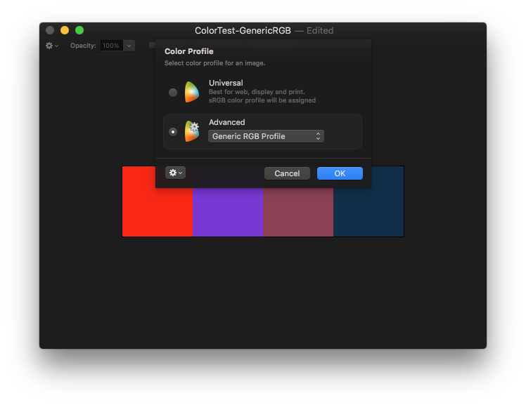 Color management settings in Pixelmator