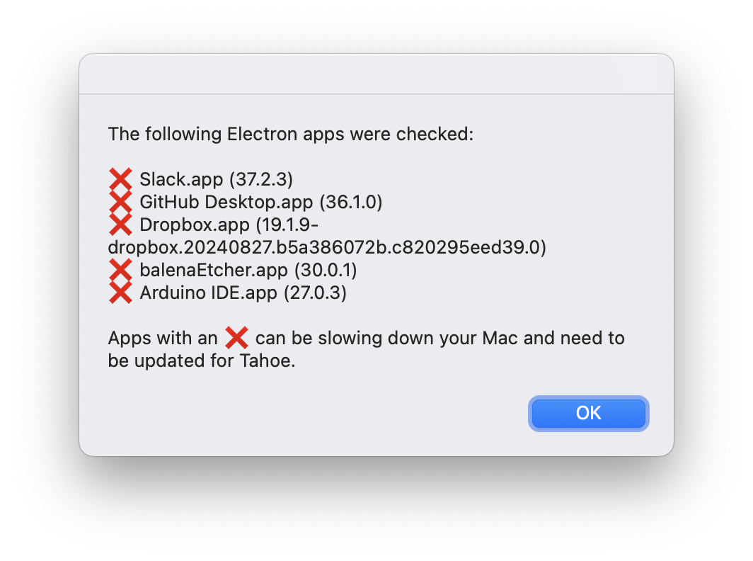 Results of TahoeElectronDetector check with red X shown in front of apps that do not pass.
